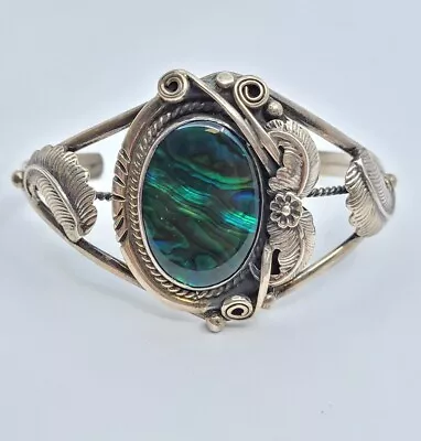 Vintage Native American Abalone Feather Floral Cuff Bracelet Sterling 925  20.6g • $47.50