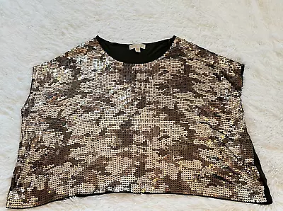 Michael Kors Womens Top Large Gold Camo Sequin Y2K Boxy Party Concert 14125 • $21.59