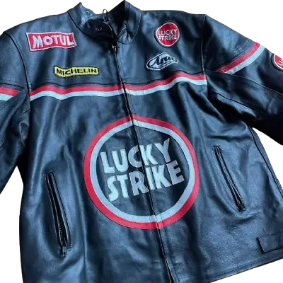 Men’s Lucky Strike Black MotoGP Racing Bomber Biker Motorcycle Leather Jacket • $69