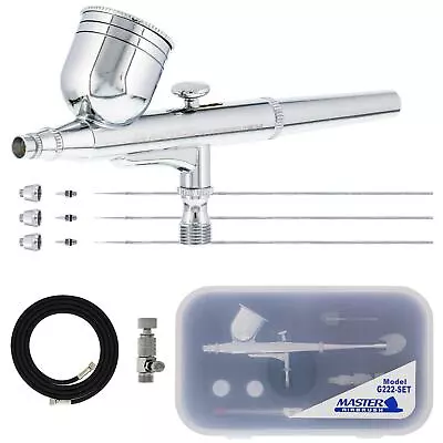 Master Airbrush G222 Pro Set Gravity Feed 3 Tip Kit 0.2 0.3 0.5mm Air Hose • $39.99