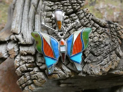 Colorful Butterfly Sterling Silver 925 Gemstone Micro Inlay Large Pendant J7 • $89.95