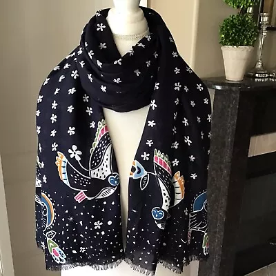 Vera Bradley Oversized Scarf Wrap Sarong Beach Cover Up Daisies Owl Birds Navy • $26.95