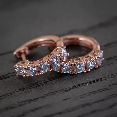 Unisex Rose Gold Plated Iced CZ Sterling Silver Huggie Hoop Earrings • $12.99