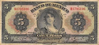 Mexico  5  Pesos  ND. 1930's  Series  I  Prefix B  Circulated Banknote XX1 • $95