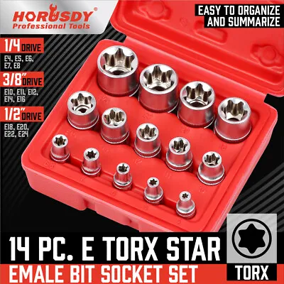 14 Pcs E Torx Star Female Bit Socket Set 1/2  3/8  1/4  Drive E4 -E24 With Case • $17.99