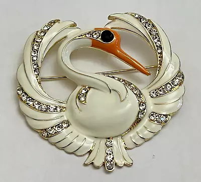 Vintage Swan Goose Bird Crystal Clear Glass Rhinestone Brooch Pin White Enamel • $13.76