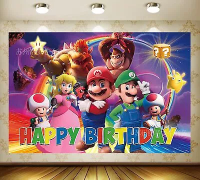 Mario Happy Birthday Baby Shower Backdrop Party Photo Background Banner Decor • $51.47