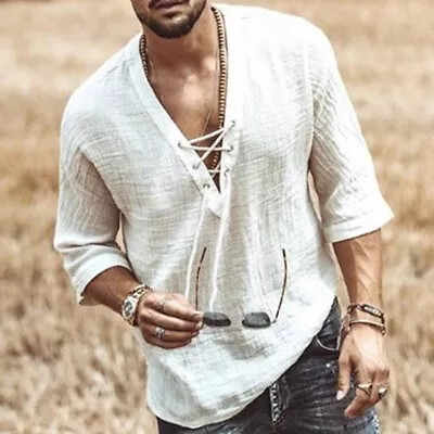 Mens Casual Long Sleeve Cotton Linen Blouse Loose Henley V-Neck Tops T Shirts‹ • $16.99