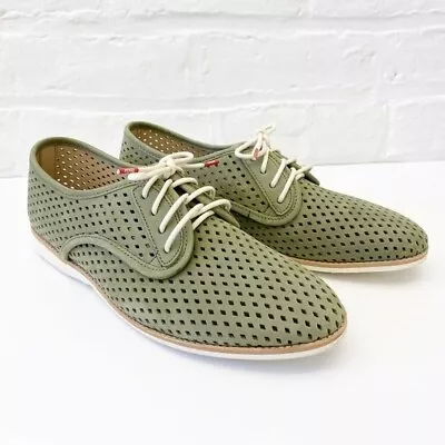 Rollie || Derby Punch Perforated Leather Lace Up Oxfords Flats Green 40 • $88.85