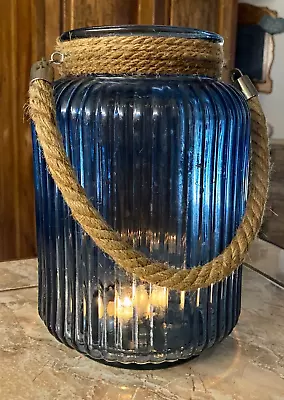 Vintage Large Blue Ribbed Glass Hurricane Candle Holder With Rope Handle • $28.99