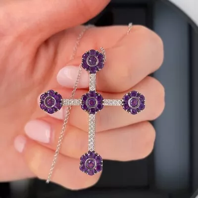 PASQUALE BRUNI 18k White Gold 1.75Ctw Diamond & Amethyst Cross Pendant Necklace • $2395