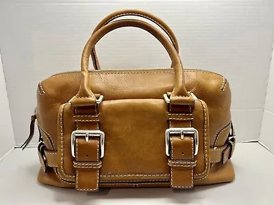 Vtg Michael Kors Camel Brown Leather  Buckle Barrel Satchel Handbag Purse • $45