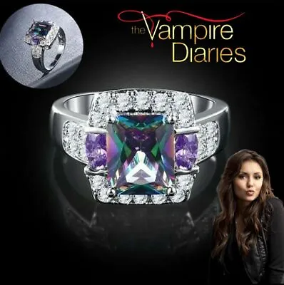The Vampire Diaries Elena Gilbert Rainbow Zirconia Multi-Stone Silver Plate Ring • £12.45