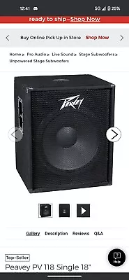 Peavey PV118 400 Watt 18  Passive Live Audio DJ Subwoofer • $350