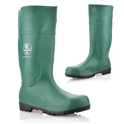 Mens Waterproof Rubber Wellingtons New Steel Toe Cap Safety Work Rain Boots Size • £15.98