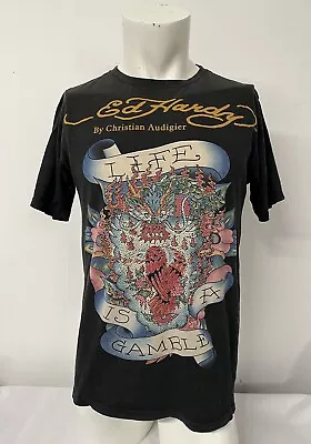 ED HARDY  Black Graphic  Life Is A Gamble  Bedazzled T-shirt Size Medium • £19.99