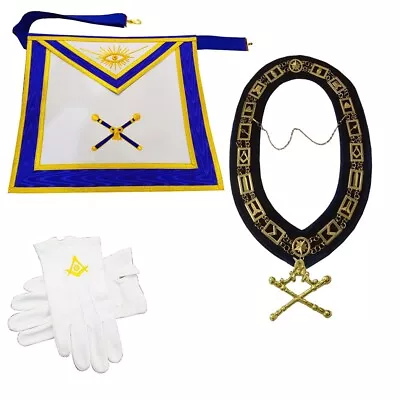 Masonic Regalia Blue Lodge Apron Hand Embroidery Chain Collar Gloves Jewel Set • $69.99