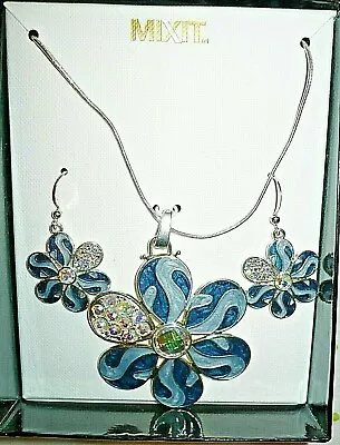 Mixit Necklace & Earrings Jewelry Set Blue Flower Shape W Hook Earrings NEW • $21.99