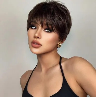 Womens Brown Short Straight Curly Pixie Cut BOB Wig Ladies Hair Full Wigs • $11.99