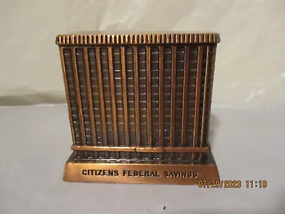 Vintage Copper Tone Metal Cleveland Citizens Federal Savings Coin Still Bank • $15