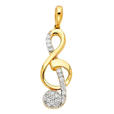 14K Yellow Gold CZ The Treble Clef Music Charm Pendant For Necklace Chain • $187