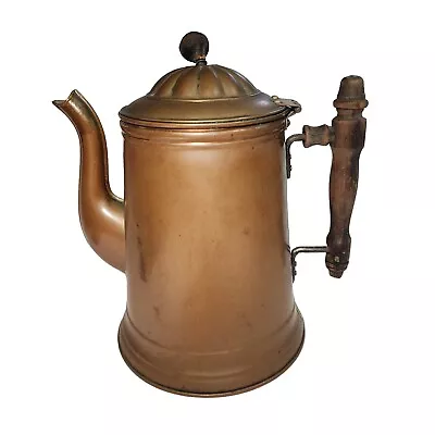 Vtg Copper & Brass Wood Handle Tea Coffee Pot Pitcher 8.5 In Primitive Farmhouse • $42.95