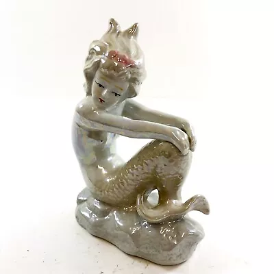 Vintage Lusterware Iridescent Nude Mermaid Ceramic Figurine Sitting 1940's • $59