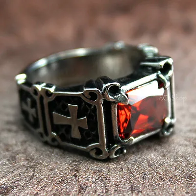 $8.99 • Buy Men's Vintage Crusader Templar Cross Christian Ruby CZ 316L Stainless Steel Ring