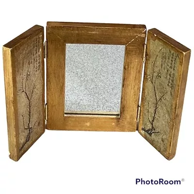 Vintage Asian Tri Fold Wood Panel Table Top Picture/Mirror Frame  10”X6.5” • $9.97