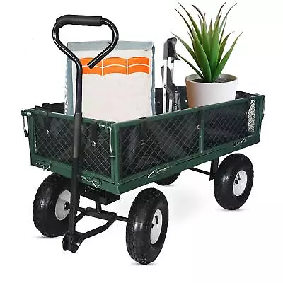 4 Wheel Large Steel Garden Trolley 150kg Heavy Duty Cart Mesh Wagon Wheelbarrow • £73.99