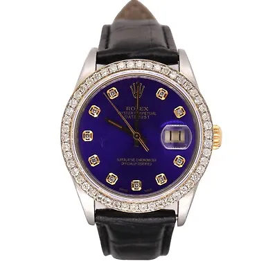 Rolex Mens Datejust 36mm Gold/Steel ICED 1.75ct Diamond Blue Dial Watch Leather • $5999.99