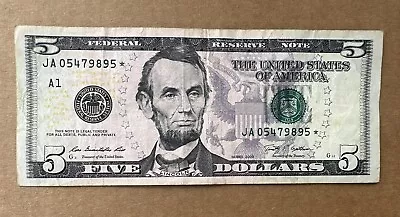 $5 Five Dollar Bill Star Note 2009 Serial Number JA 05479895* • $29.99