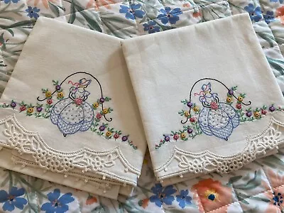 Pr. Vtg.Hand Embroidered Pillowcase Set Lady Bonnet Flowers Blue Crochet Trim • $20