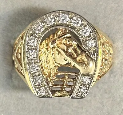 Men's 14k Yellow Gold Horseshoe Horsehead ~.25ctw Diamond Ring Sz7.75 9.44g • $795