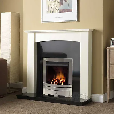Gas White Curved Surround Black Granite Silver Coal Fire Fireplace Suite 48  • £762