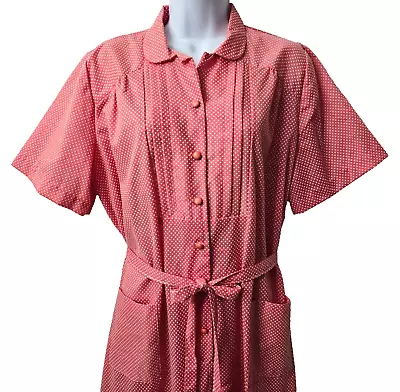 VTG 50s Style Fit & Flare Dress 24.5 XL XXL Belted POCKETS Pink Swiss Dot Button • $59.99