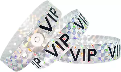 Holographic VIP Plastic Wristbands Silver - 100 Pack Vinyl Wristbands For Events • $23.13