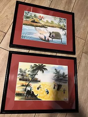 Vintage Original Signed Watercolor Vietnamese River Lake Fishing Village Lot 2 • $99.99