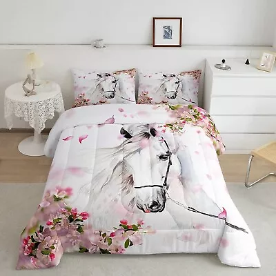 Girls Horse Comforter Set Queen Chic Cherry Blossom Bedding Set Boys Teens Ga... • $95.39