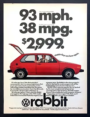 1975 VW Volkswagen Rabbit Hatchback Photo  93 Mph. 38 Mpg  Vintage Print Ad • $7.99