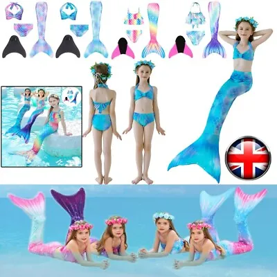 Kids Mermaid Tail With Monofin Swimmable Bikini Set Swimsuit Swimming Costume • £15.82