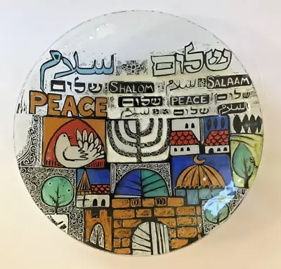 Nahariya Glass Israel PEACE Handmade Signed Andreas Meyer Fused Glass Bowl 12.5  • $59.95