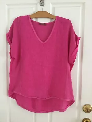 LA STRADA Made In Italy SHORT SLEEVE V-NECK Pink LINEN/COTTON TUNIC TOP SIZE L • $20