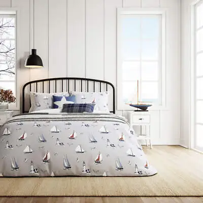 Sail Boats Bedding Grey And Multicolour 100% Cotton Reversible Duvet Cover Set • £55