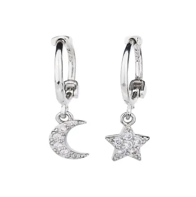 925 Sterling Silver Dangle Star Moon CZ Hoop Huggie Stud Earrings Gift Box PE38 • $10.95