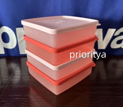 Tupperware Square Away Container 400ml / 13oz Set Of 4 Pastel Pink Coral Red New • $22.95