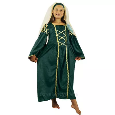 Girls Green Tudor Princess Fancy Dress Costume Medieval Queen Dress & Headpiece • £16.99