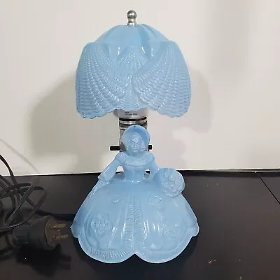 Vintage Frosted Blue Glass Southern Belle Lady Boudoir Bedroom Table Lamp Works! • $32