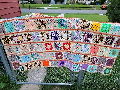 Vintage Granny Square Afghan Blanket Throw Handmade Crocheted 35x70 Inches  • $50