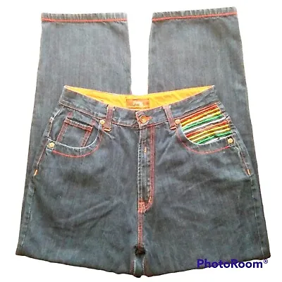 Russo Spirit Rainbow Embroidered Jeans W36 L32 Denim Streetwear Hip Hop Colorful • $54.99